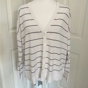 Eileen Fisher‎ Lightweight VNeck Button Cardigan White Black Stripes XXL 48”Bust